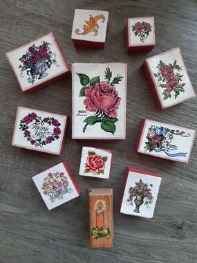 Vintage Floral Wooden and Rubber Stamp Set